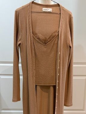 Abercrombie & Fitch Soft A&F Cozy Ribbed Lounge Set Tan Cardigan & Lace Cami Siz